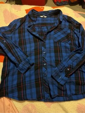 Blue and Black Plaid  Button-Up Shirt